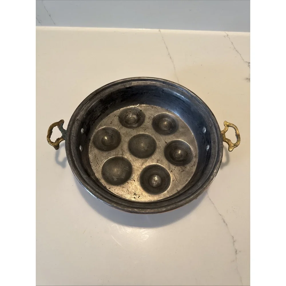 French Style Copper Escargot Pan Tin Lined Round  Brass Handle 8